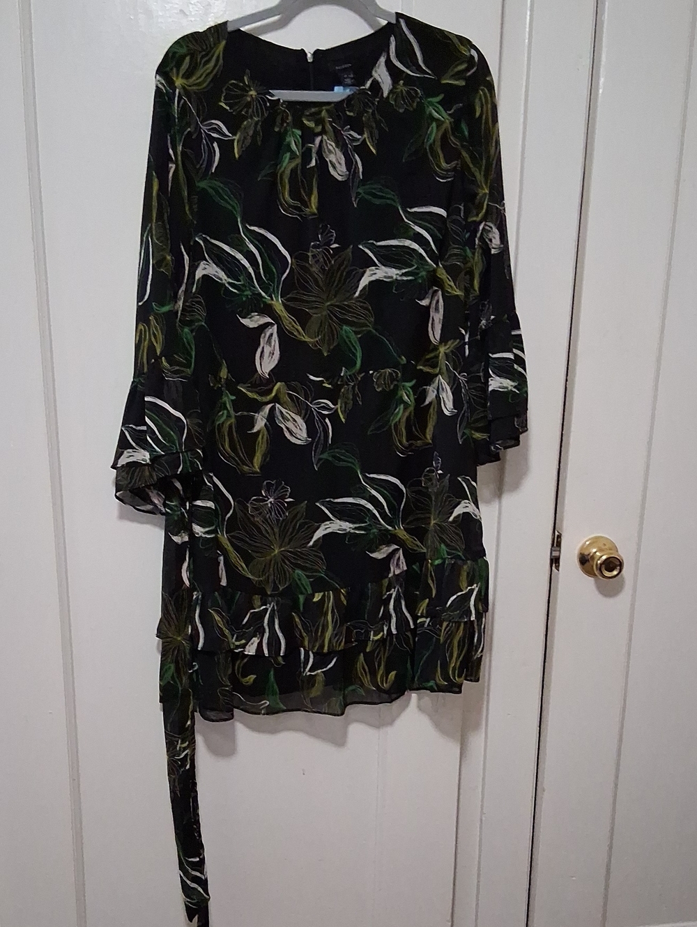 Halogen Black Dress with Green and White Leaf Print Whimsy goth statement celeb